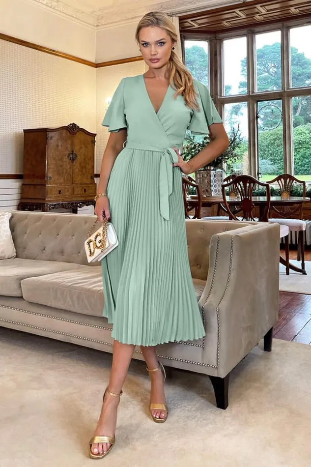 AX Paris Duck Egg Pleated Midi Dress With Tie Waist Dresses