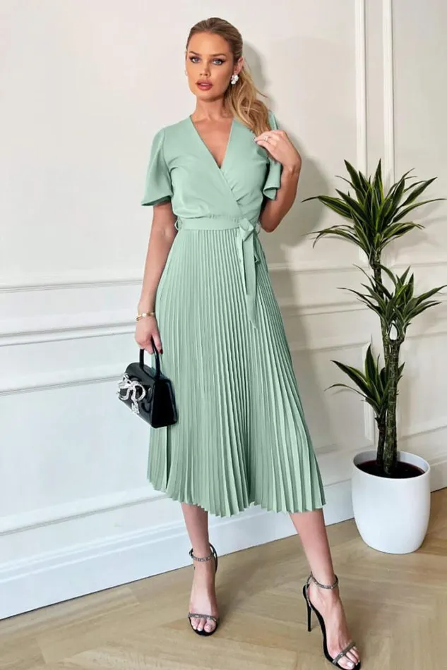 AX Paris Duck Egg Pleated Midi Dress With Tie Waist Dresses