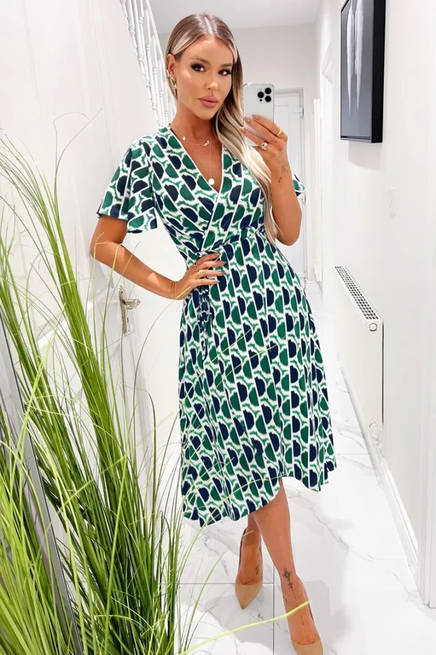 AX Paris Green And Navy Printed Wrap Top Midi Dress Dresses