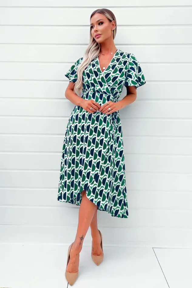 AX Paris Green And Navy Printed Wrap Top Midi Dress Dresses