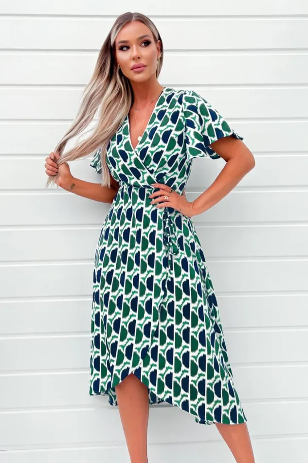 AX Paris Green And Navy Printed Wrap Top Midi Dress Dresses
