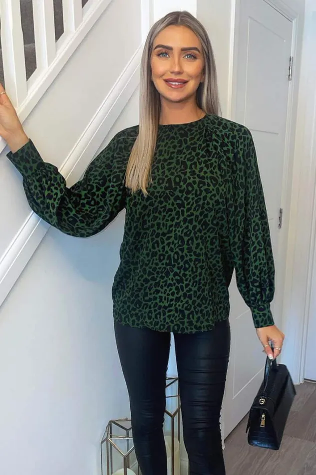 AX Paris Green Animal Print Long Sleeve Top Tops