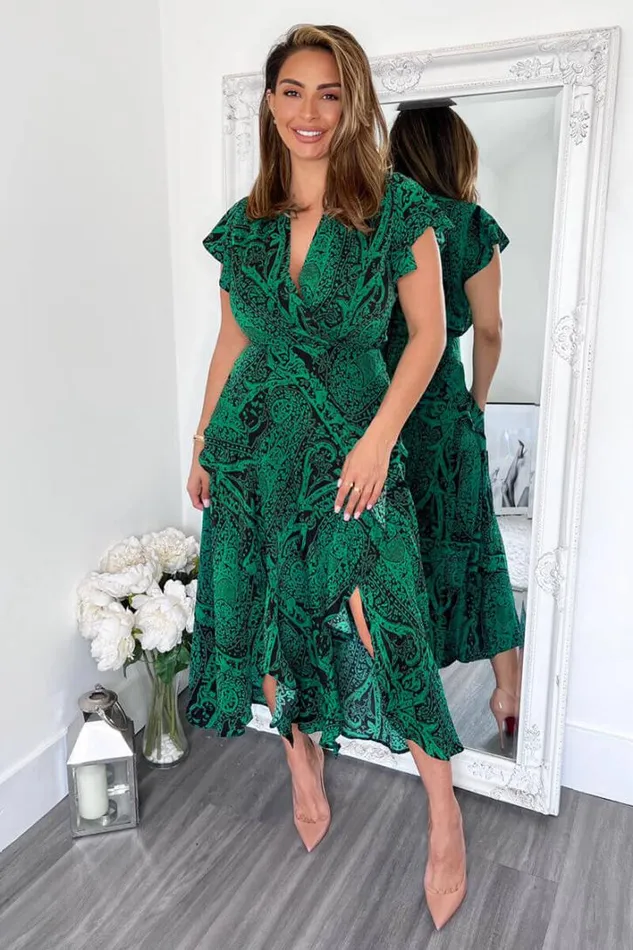 AX Paris Green Printed Double Frill Split Midi Dress Dresses
