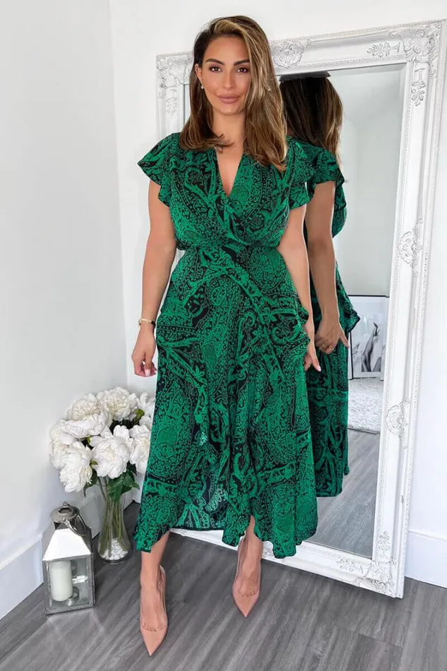 AX Paris Green Printed Double Frill Split Midi Dress Dresses