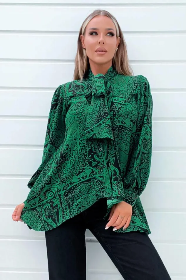 AX Paris Green Printed Tie Neck Blouse Tops