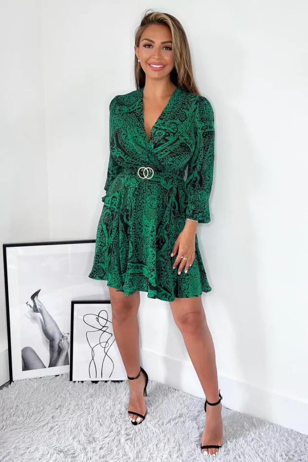 AX Paris Green Printed Wrap Over Belted Long Sleeve Skater Dress Dresses