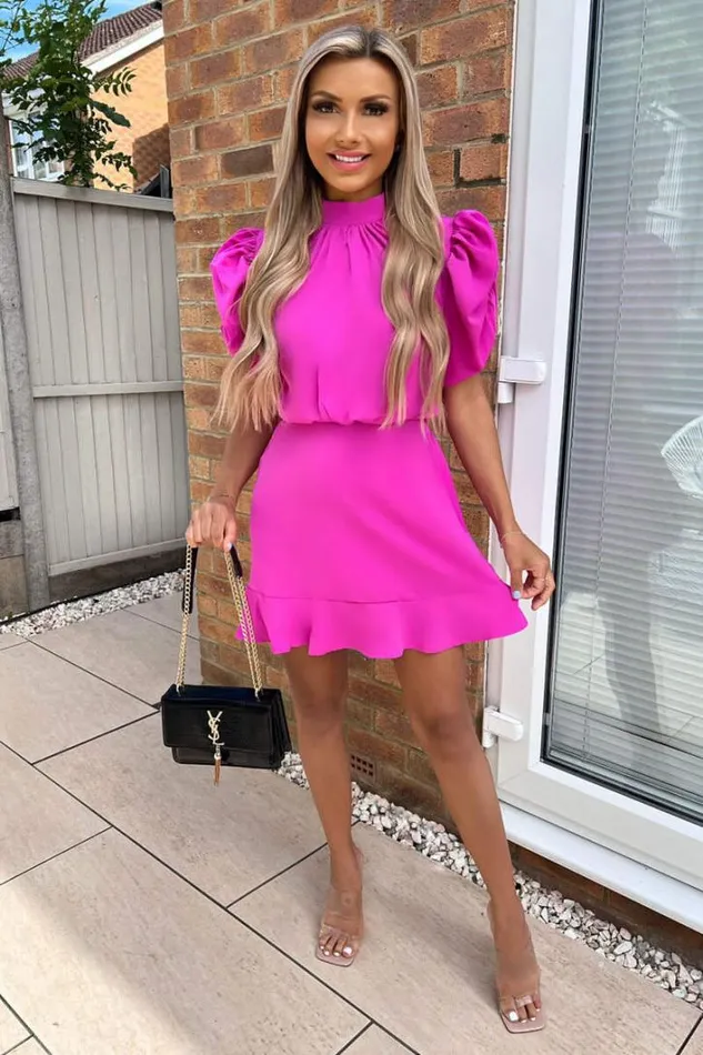 AX Paris Hot Pink High Neck Puff Sleeve Skater Dress Dresses