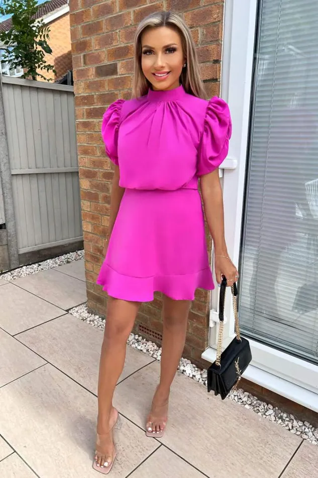 AX Paris Hot Pink High Neck Puff Sleeve Skater Dress Dresses