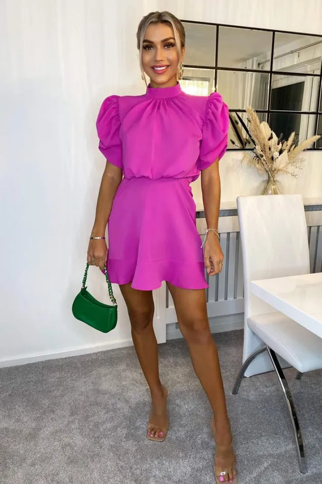 AX Paris Hot Pink High Neck Puff Sleeve Skater Dress Dresses
