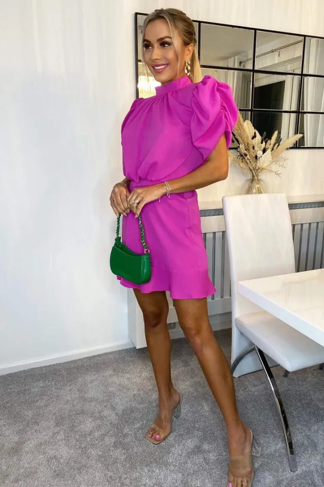 AX Paris Hot Pink High Neck Puff Sleeve Skater Dress Dresses
