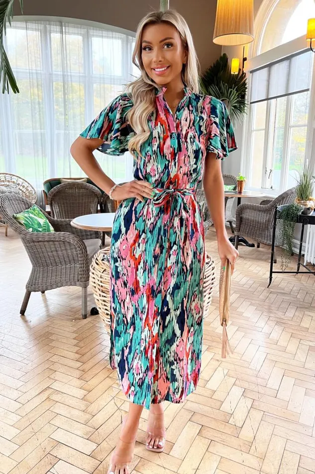 AX Paris Multi Abstract Printed Tie Waist Short Sleeve Shirt Dress Dresses