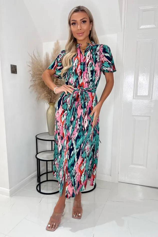 AX Paris Multi Abstract Printed Tie Waist Short Sleeve Shirt Dress Dresses