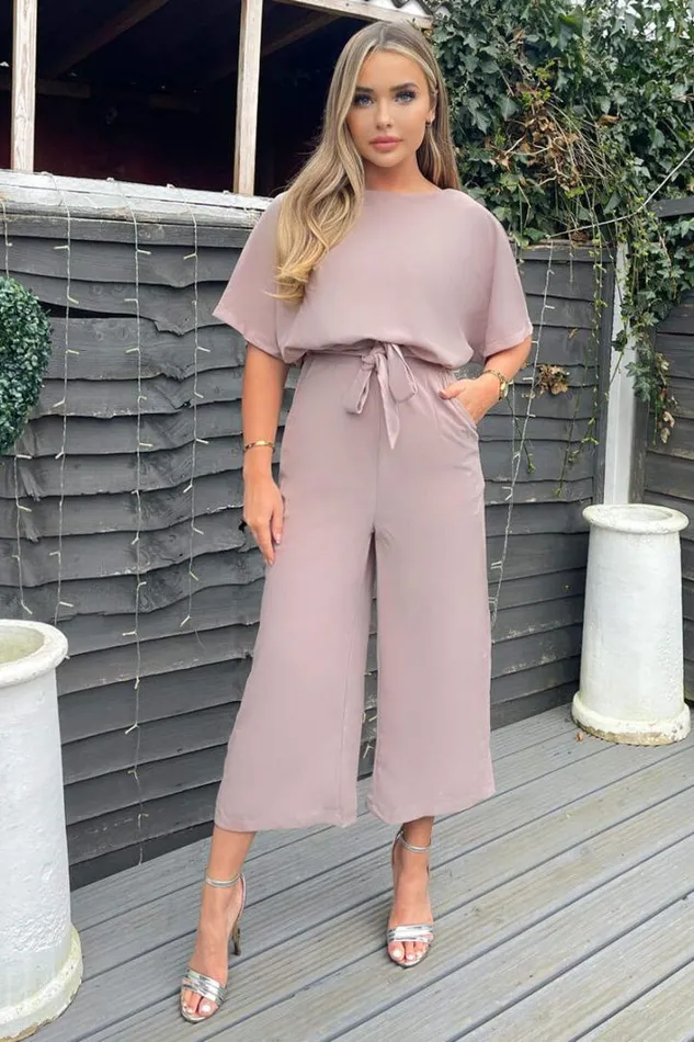 AX Paris Mushroom Tie Waist Short Sleeve Culotte Jumpsuit Jumpsuits And Playsuits