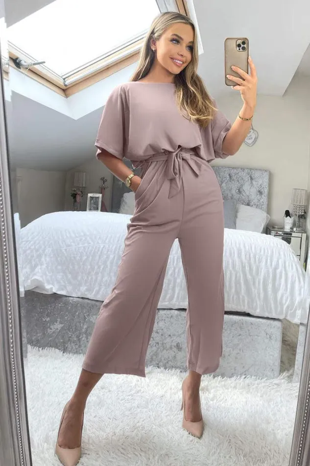 AX Paris Mushroom Tie Waist Short Sleeve Culotte Jumpsuit Jumpsuits And Playsuits