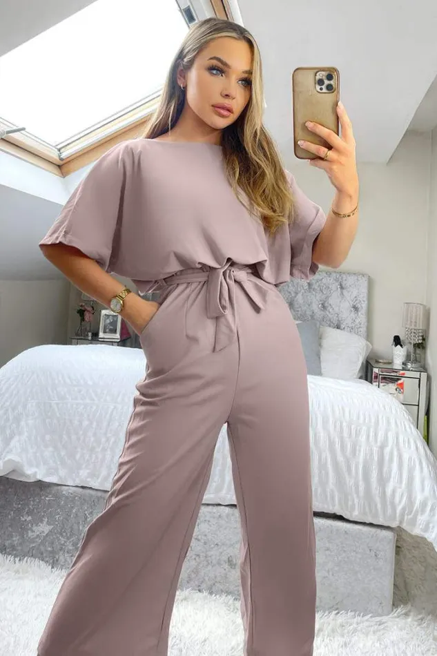 AX Paris Mushroom Tie Waist Short Sleeve Culotte Jumpsuit Jumpsuits And Playsuits