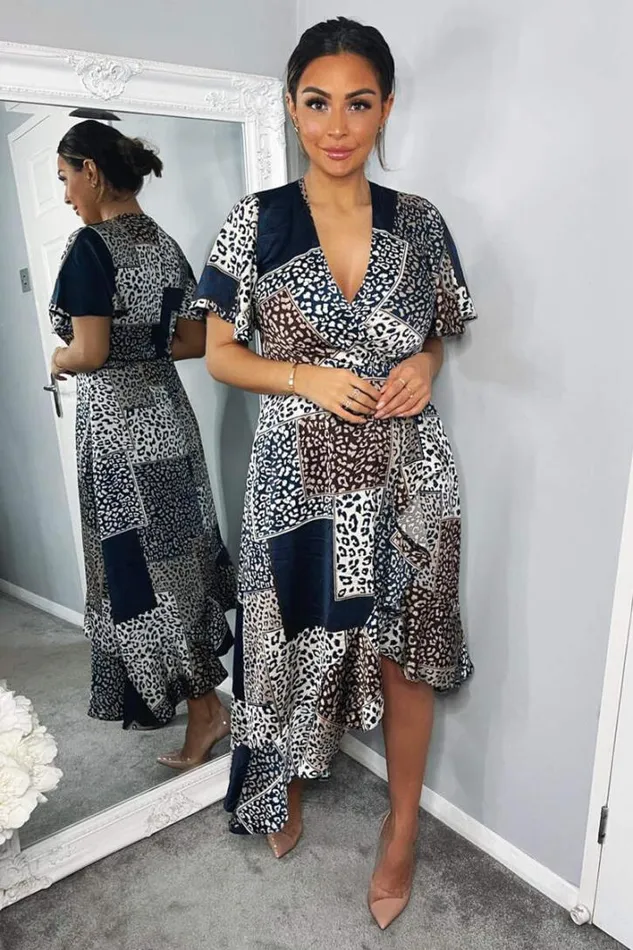 AX Paris Navy Animal Print Patchwork Wrap Midi Dress Dresses