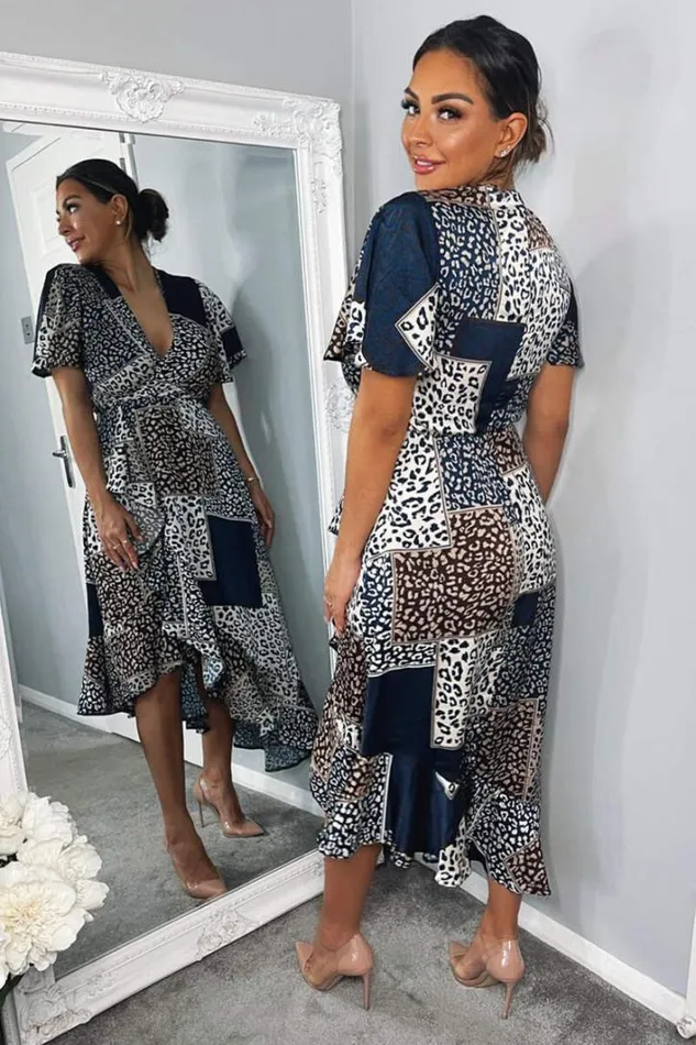 AX Paris Navy Animal Print Patchwork Wrap Midi Dress Dresses
