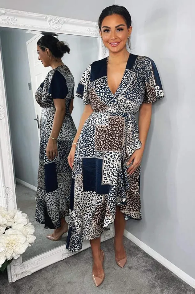 AX Paris Navy Animal Print Patchwork Wrap Midi Dress Dresses
