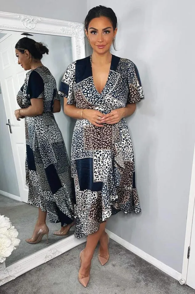 AX Paris Navy Animal Print Patchwork Wrap Midi Dress Dresses