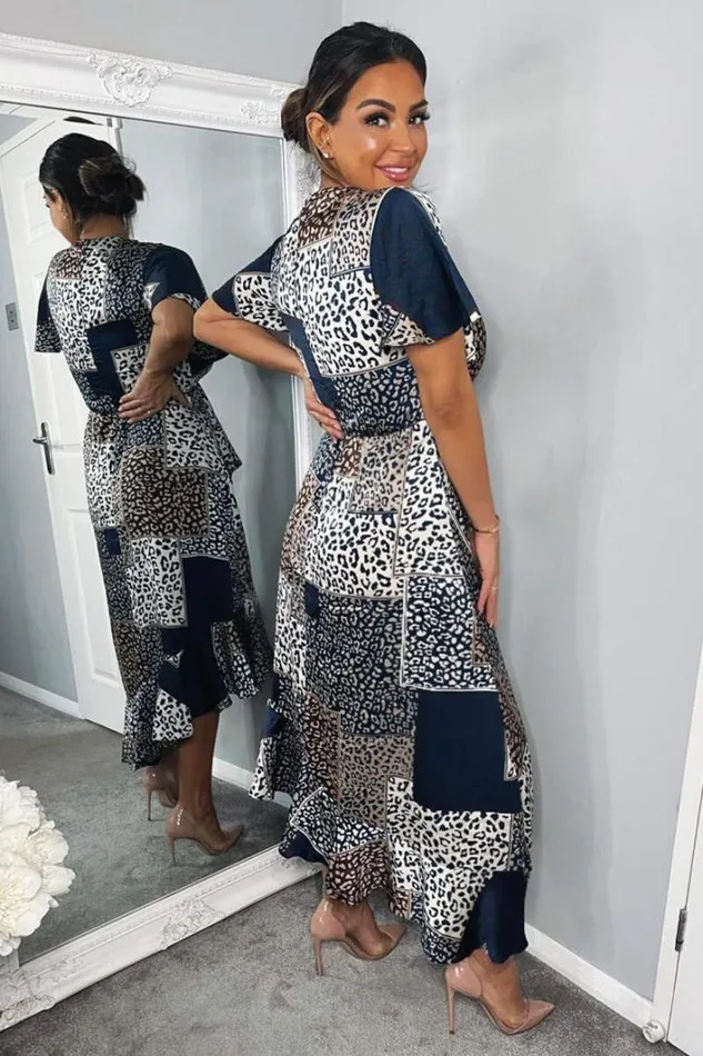 AX Paris Navy Animal Print Patchwork Wrap Midi Dress Dresses