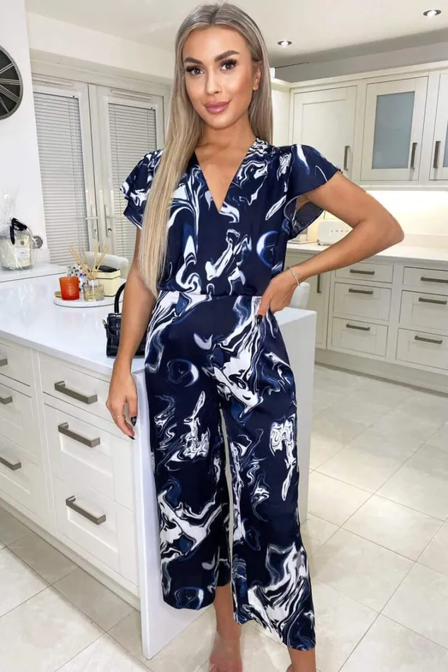 AX Paris Navy Marble Print Wrap Over Frill Sleeve Jumpsuit Jumpsuits And Playsuits