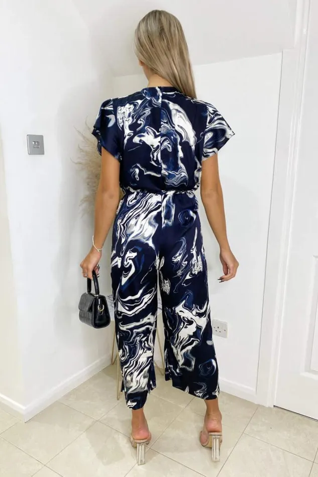 AX Paris Navy Marble Print Wrap Over Frill Sleeve Jumpsuit Jumpsuits And Playsuits