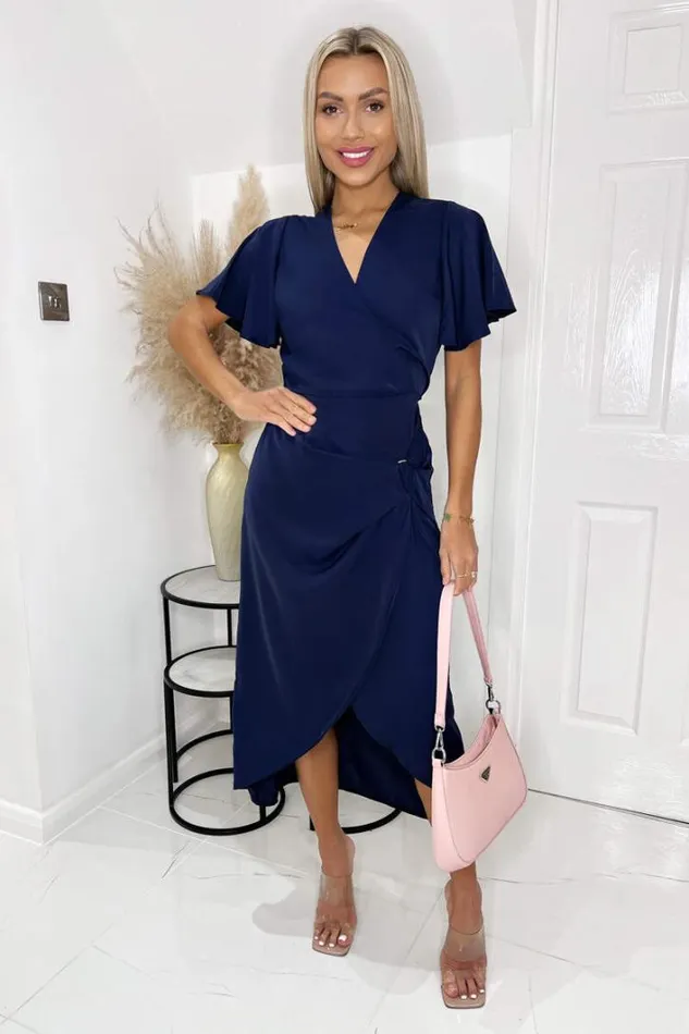 AX Paris Navy Short Sleeve V Neck Gold Buckle Wrap Midi Dress Dresses