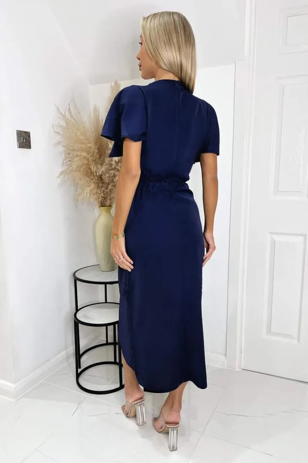 AX Paris Navy Short Sleeve V Neck Gold Buckle Wrap Midi Dress Dresses