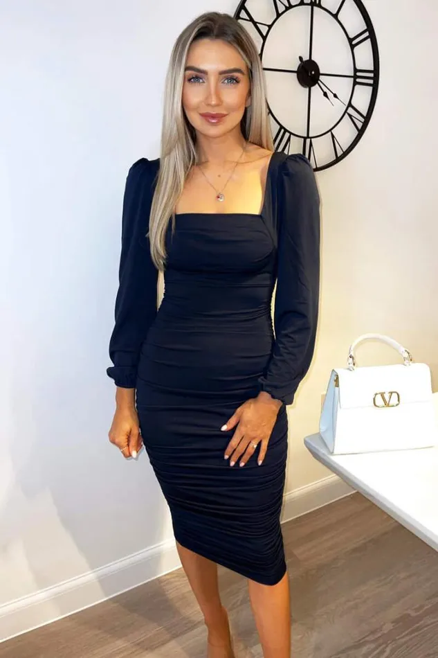 AX Paris Navy Square Neck Ruched Long Sleeve Midi Dress Dresses