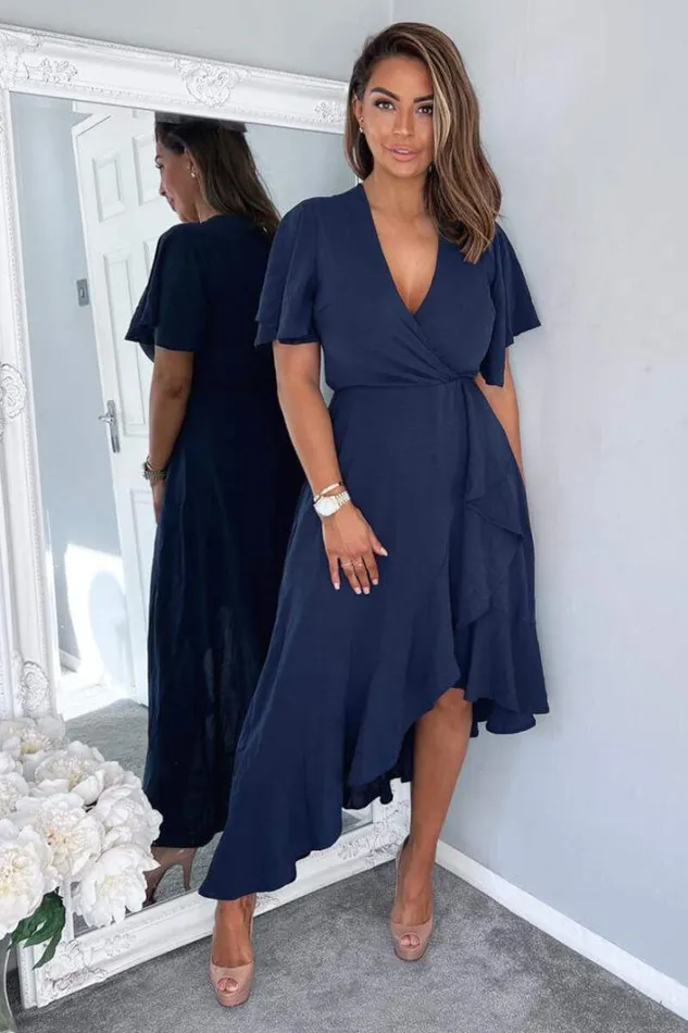 AX Paris Navy Wrap Over Top Frill Hem Midi Dress Dresses