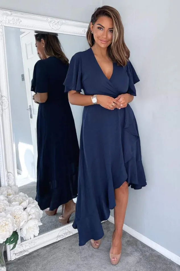 AX Paris Navy Wrap Over Top Frill Hem Midi Dress Dresses