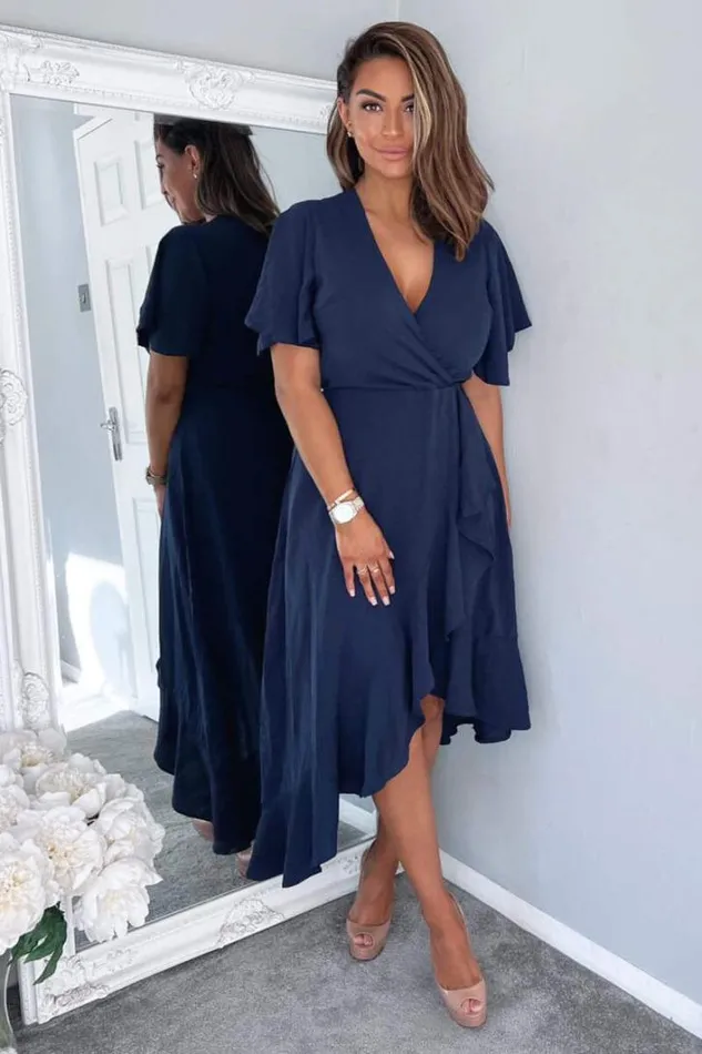 AX Paris Navy Wrap Over Top Frill Hem Midi Dress Dresses