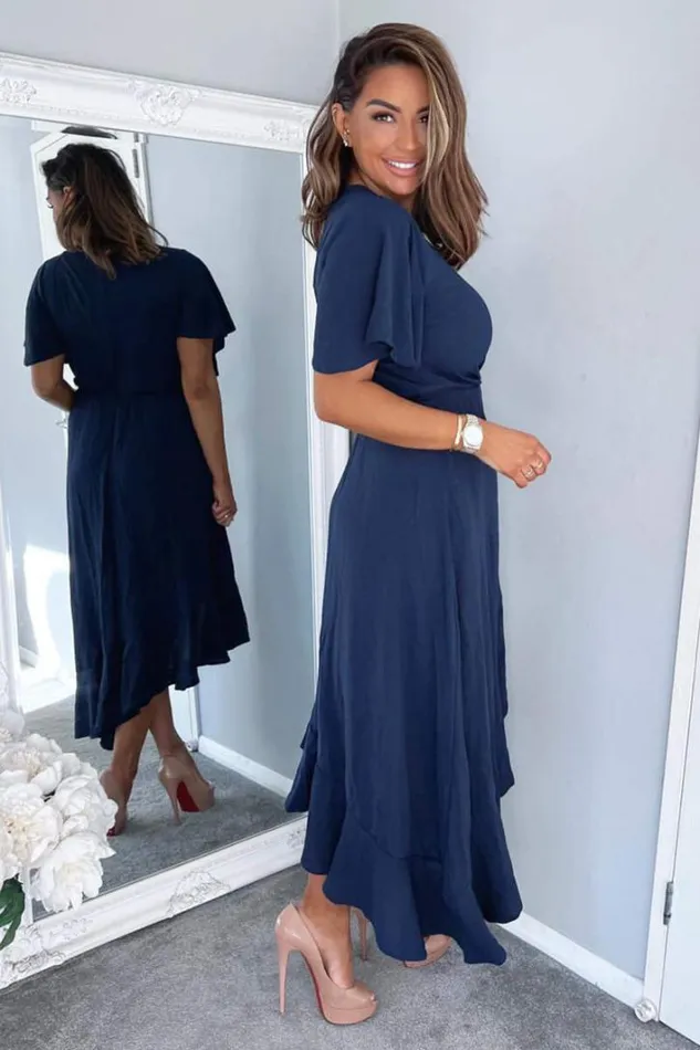AX Paris Navy Wrap Over Top Frill Hem Midi Dress Dresses
