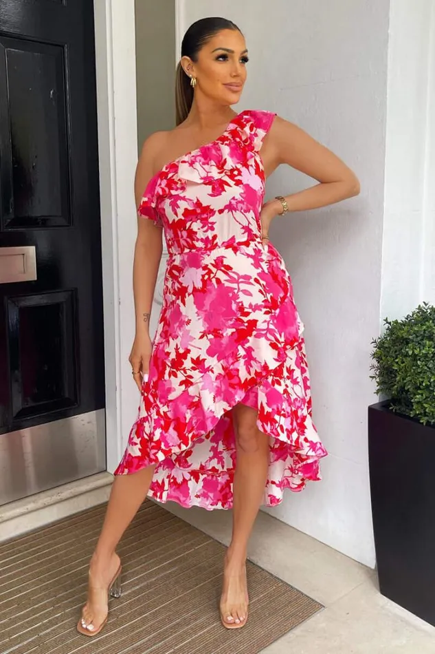 AX Paris Pink Floral One Shoulder Frill Detail Dipped Hem Dress Dresses