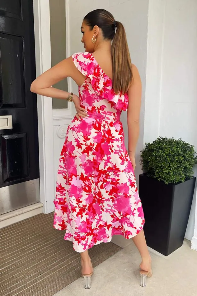 AX Paris Pink Floral One Shoulder Frill Detail Dipped Hem Dress Dresses