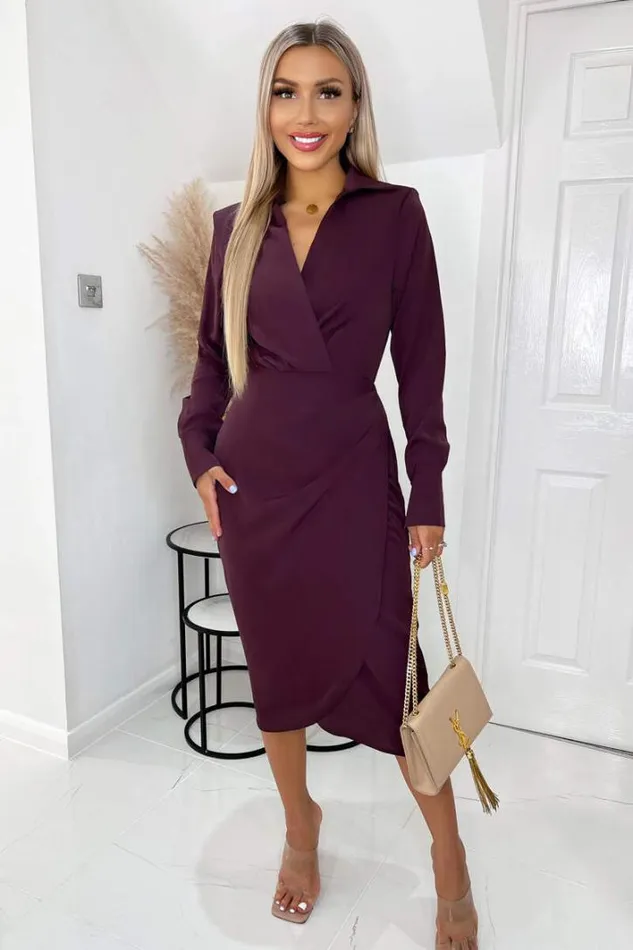 AX Paris Plum Long Sleeve Midi Dress With Shoulder Pads Dresses