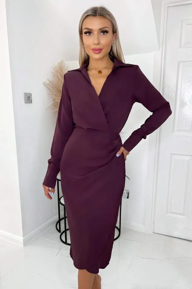 AX Paris Plum Long Sleeve Midi Dress With Shoulder Pads Dresses