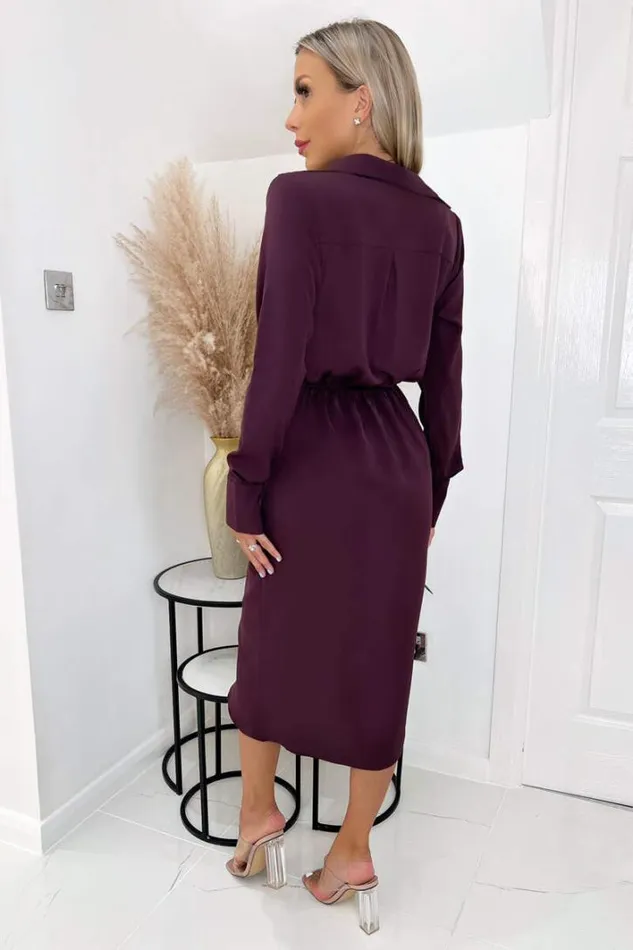 AX Paris Plum Long Sleeve Midi Dress With Shoulder Pads Dresses