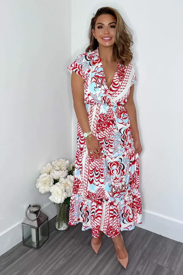 AX Paris Red Cream And Blue Printed Maxi Smock Dress Dresses