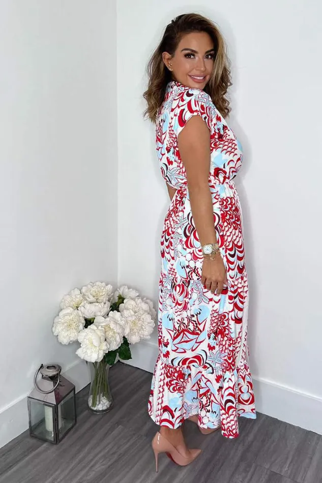 AX Paris Red Cream And Blue Printed Maxi Smock Dress Dresses