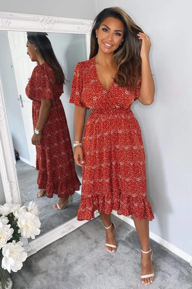 AX Paris Rust Dot Printed Elasticated Waist Midi Dress Midi Dresses
