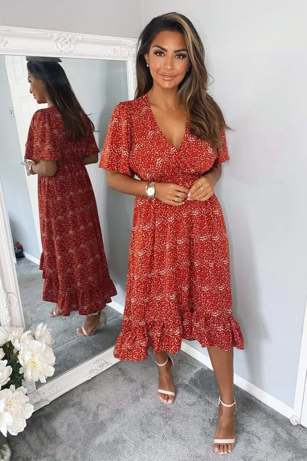AX Paris Rust Dot Printed Elasticated Waist Midi Dress Midi Dresses