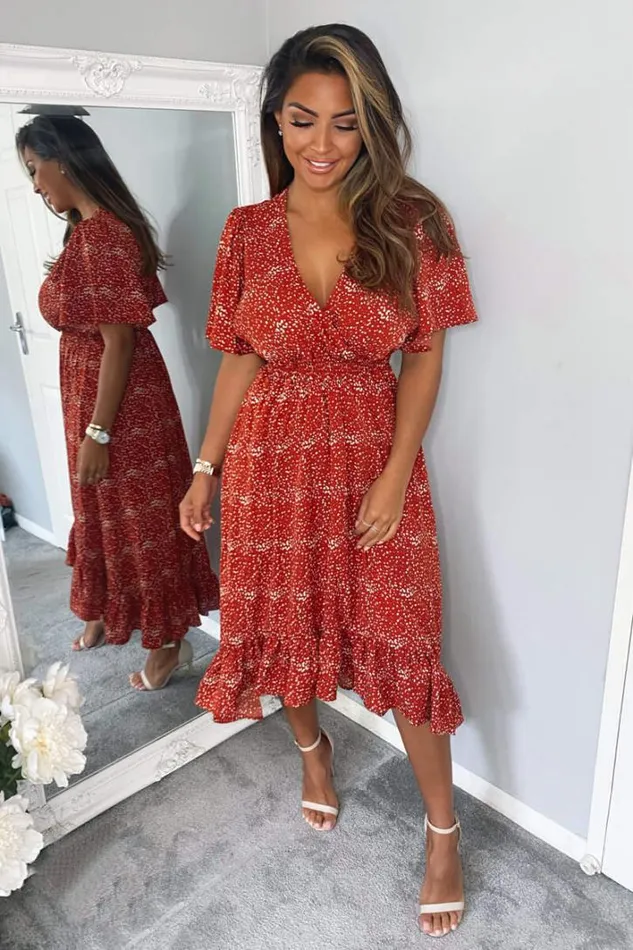 AX Paris Rust Dot Printed Elasticated Waist Midi Dress Midi Dresses
