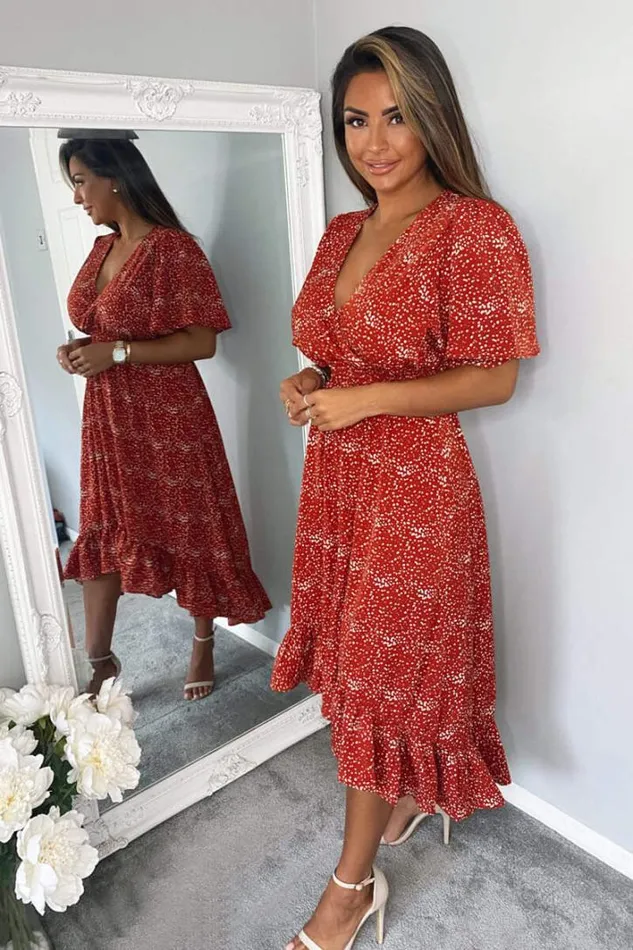 AX Paris Rust Dot Printed Elasticated Waist Midi Dress Midi Dresses