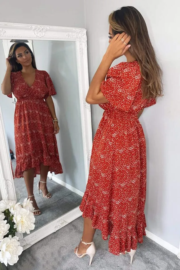 AX Paris Rust Dot Printed Elasticated Waist Midi Dress Midi Dresses