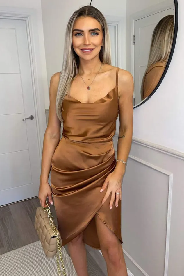 AX Paris Tan Pleated Wrap Cowl Neck Satin Midi Dress Dresses