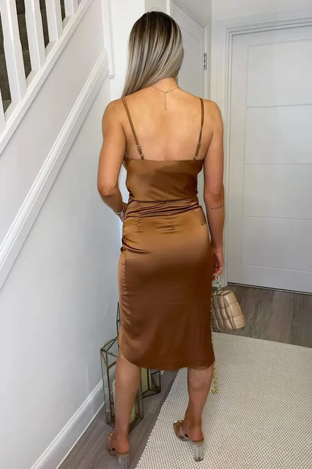 AX Paris Tan Pleated Wrap Cowl Neck Satin Midi Dress Dresses