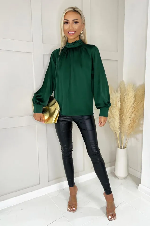 AX Paris Teal High Neck Satin Long Sleeve Top Tops