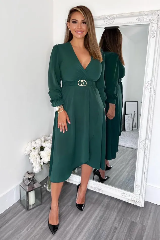 AX Paris Teal Long Sleeve Belted Midi Dress Dresses