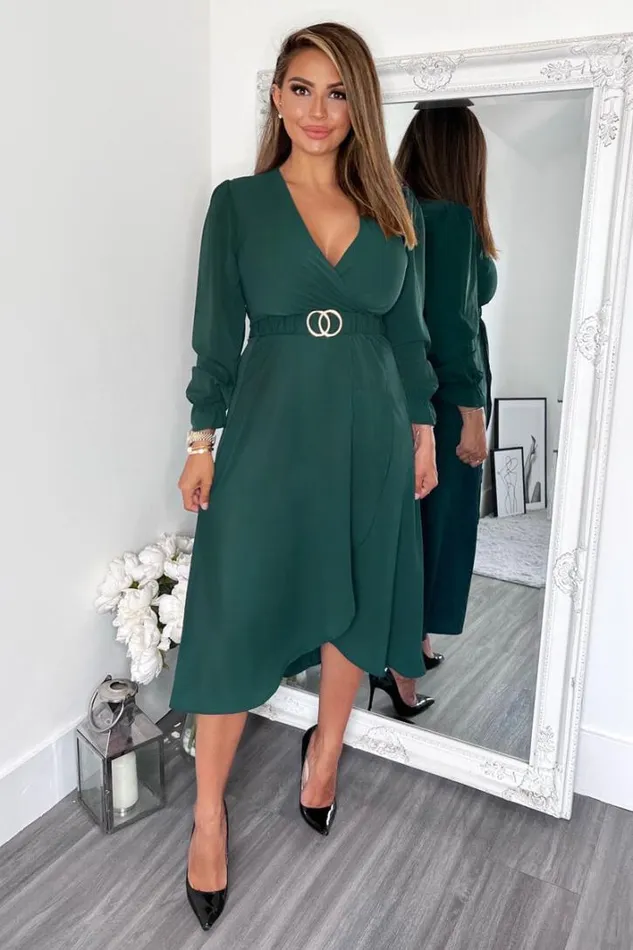 AX Paris Teal Long Sleeve Belted Midi Dress Dresses